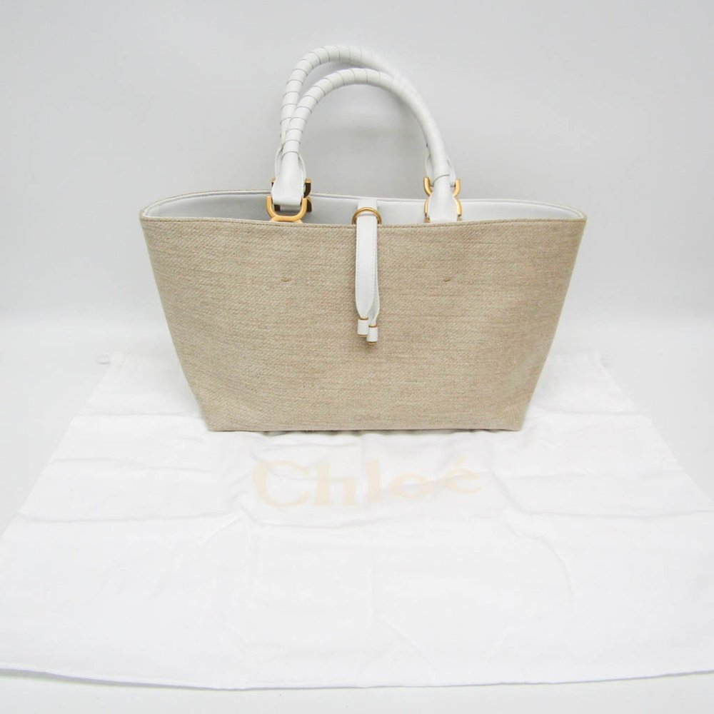 CHLOE MARCIE Beige White Leather Linen Tote Bag CHC23US651J9920H - Picture 2 of 11